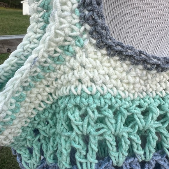Blue, Grey, White & Teal Crochet Acrylic Market Bag Handmade - Picture 2 of 3
